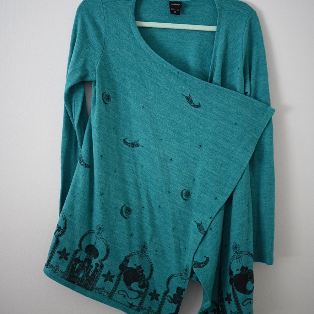 Disney Teal Cardigan with Aladdin & Jasmine Print - Open Sweater Size Small - Picture 4 of 10